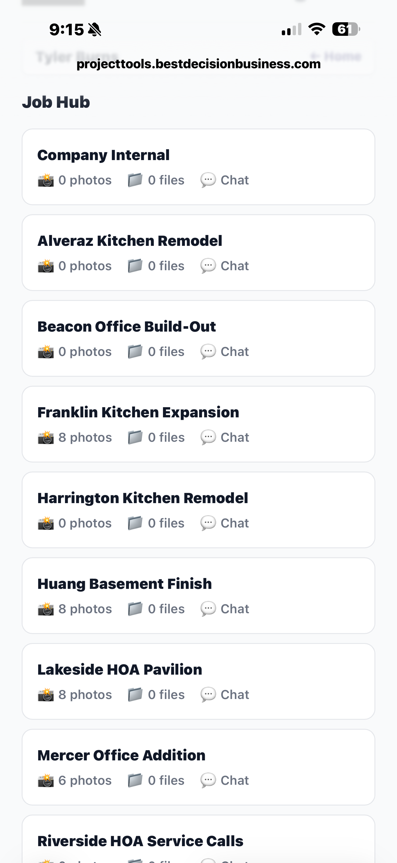 Chat & Job Hub — a single job channel with photos, receipts, and messages in one thread