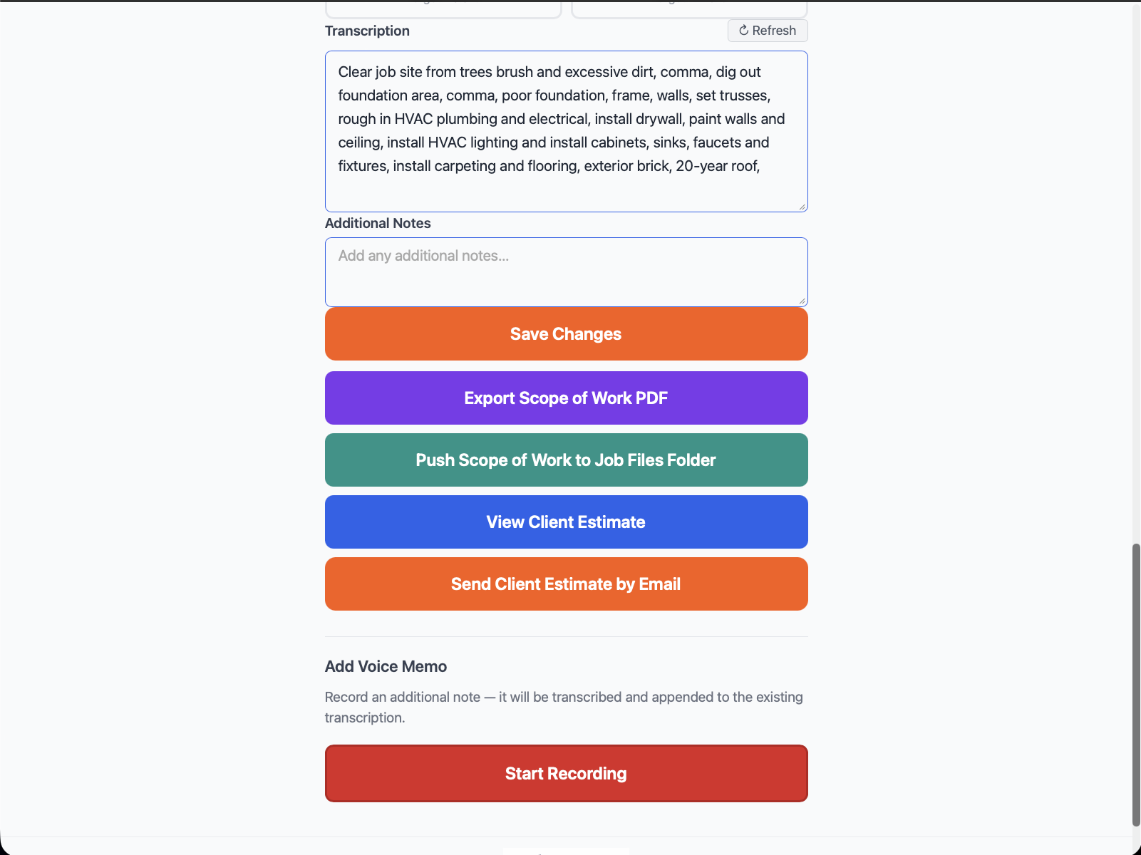 Field Estimating — a voice-built estimate with priced line items on a phone