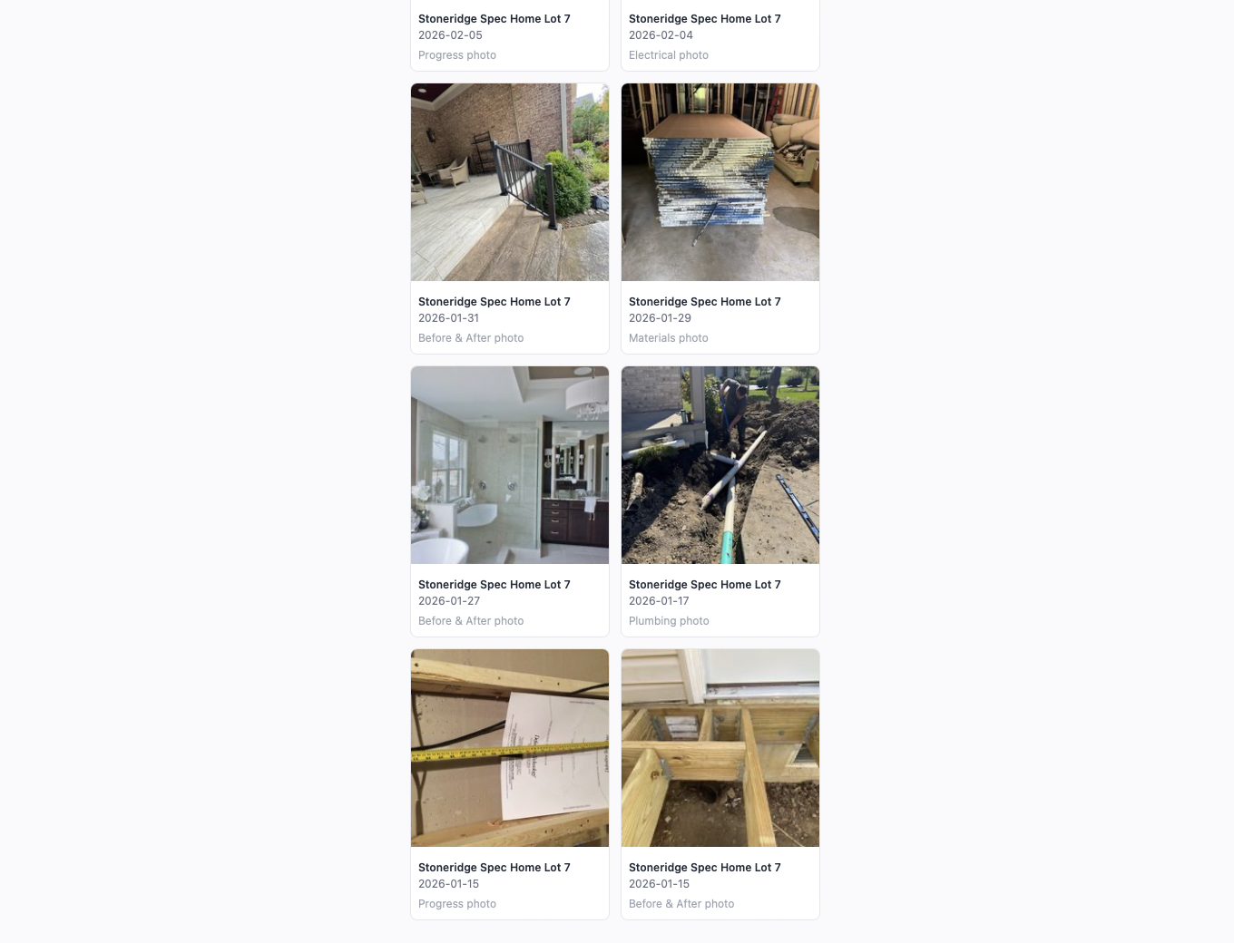 Job Photos — a mobile grid of AI-sorted, geotagged jobsite photos