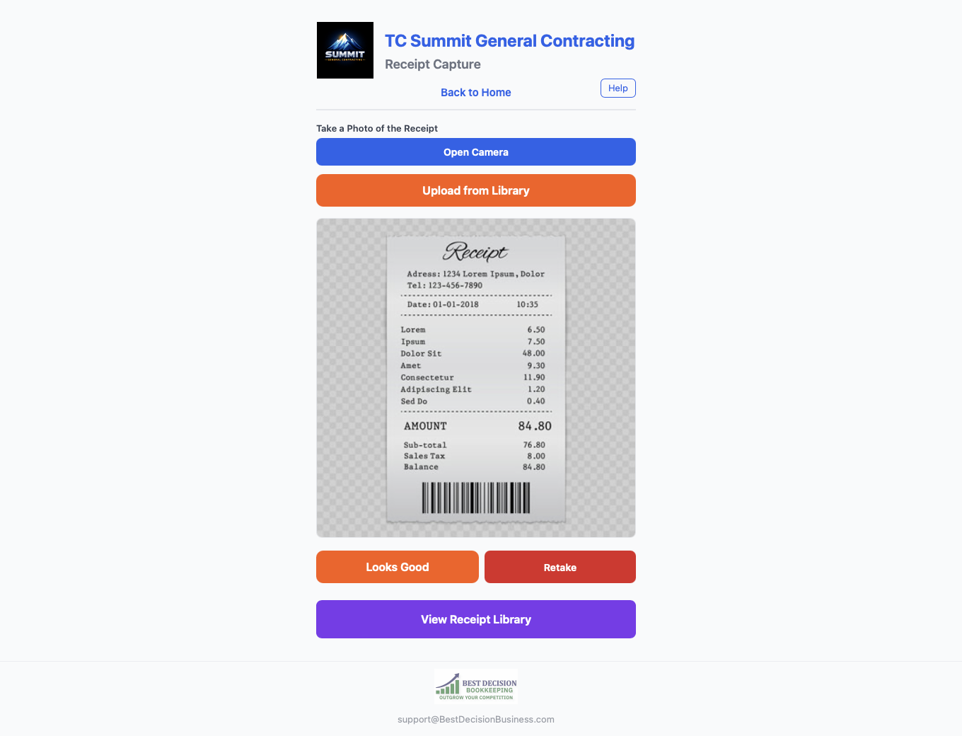 Receipt Capture — a photographed receipt being categorized and assigned to a job